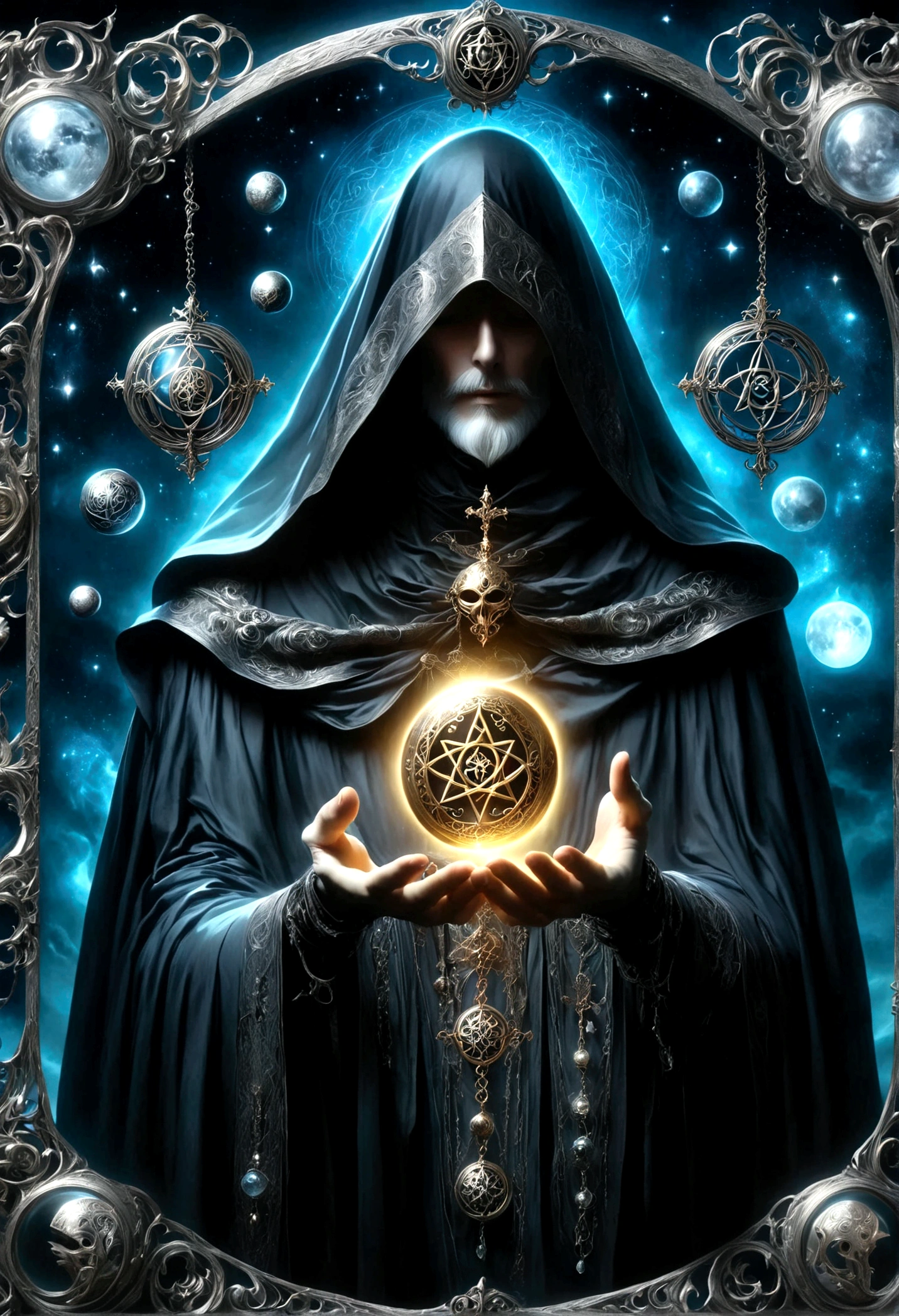 Astrologer，Metal photo frame，card，tarot cards：1.37.Mysterious fortune teller in cloak，Finger taps an array of tarot cards in the air，Mystical symbols and elements，Ancient mysterious atmosphere，Realistic illustration details，A work full of vitality and energy，Dark Style，Gothic style