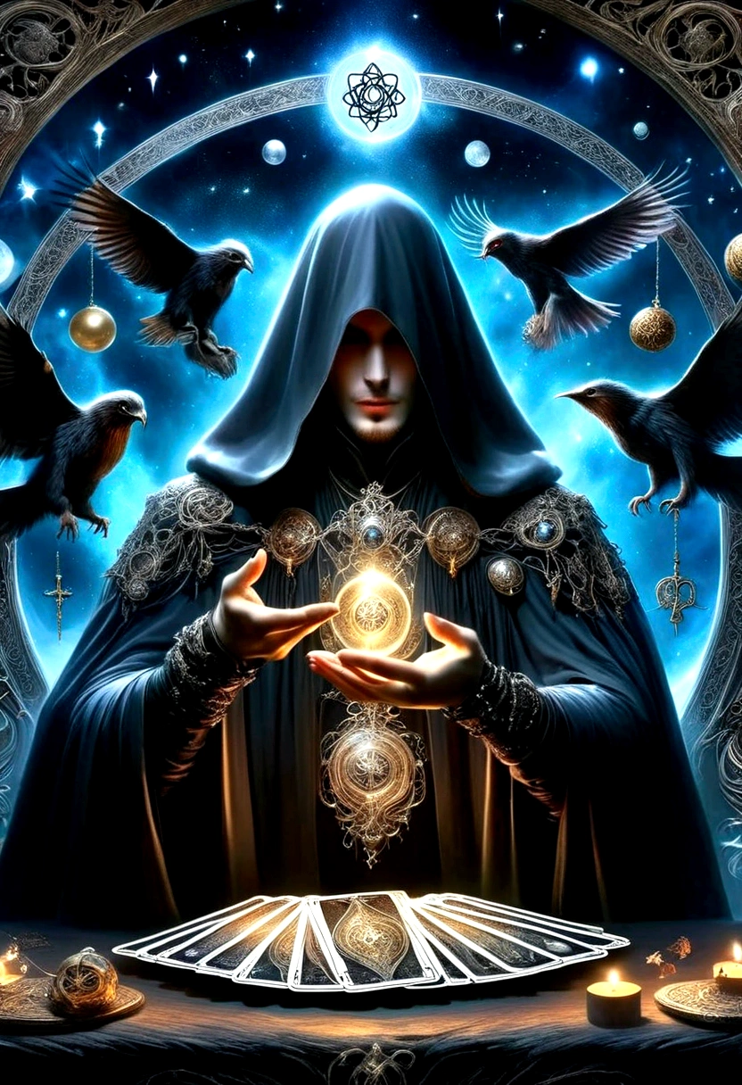 Astrologer，Metal photo frame，card，tarot cards：1.37.Mysterious fortune teller in cloak，Finger taps an array of tarot cards in the air，Mystical symbols and elements，Ancient mysterious atmosphere，Realistic illustration details，A work full of vitality and energy，Dark Style，Gothic style