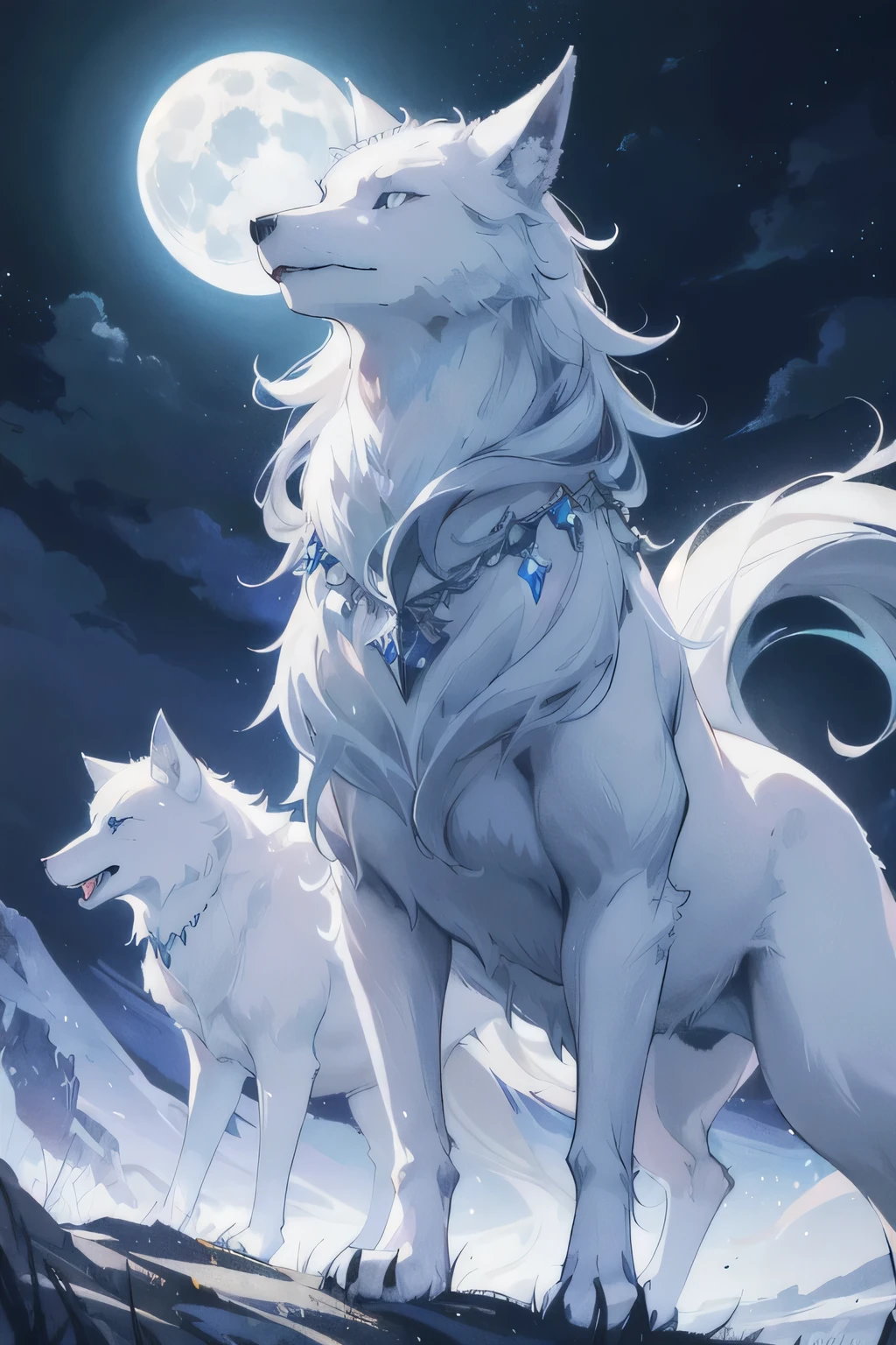 A majestic white female wolf stands proudly atop a picturesque hill, Howling on the moon, illuminated by the soft glow of the full moon. The sky above is a canvas of twinkling stars, adding to the enchanting and mystical atmosphere. In the backdrop, the moon shines brightly, casting long shadows below the wolf. Its piercing blue eyes gleam with an air of ancient wisdom, as it roars with a fierce energy that echoes across the night. The white fur on its body is meticulously detailed, glowing under the moonlight, showcasing the wolf's powerful physique and primal beauty. This captivating scene is a masterpiece of dark fantasy art, perfectly portraying