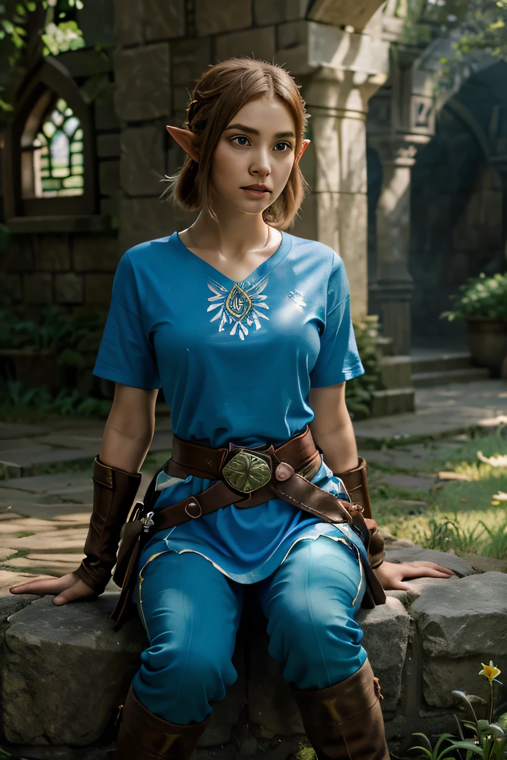 princess zelda, 1 girl, artist request, belt, by rubio, blue shirt, book, Boots, Expressionless, whole body, green eyes, high resolution, looking at the viewer, magic, nintendo, pants, pointy ears, shirt, short hair, simple background, Alone, the legend of Zelda, the legend of Zelda: Breath of the wild, the legend of Zelda: tears of the kingdom, flower made of light, magic