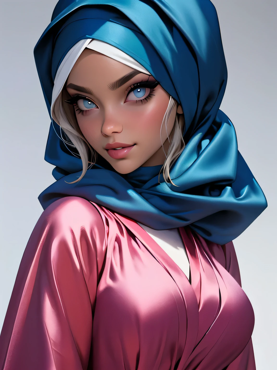 3dmm style, (Masterpiece), realistic, best quality, best lighting, extremely detailed artgerm style, art by artgerm style, beautiful mature woman, 1 girl photo solo, beautifully makeup, eyeshadow, Parted Lips, Detailed Eyes, ((beautiful big eyes)), long eye lashes, dimples on the cheeks, smile, wearing silk turban hijab, ((Dark blue satin hijab)), loosely tide hijab style, shining silk, satin, blue satin, ((Blue satin shirt and satin long skirt)), (Close-up portrait), Front view, Standing Symmetric Centre, facing the viewer, gray background.