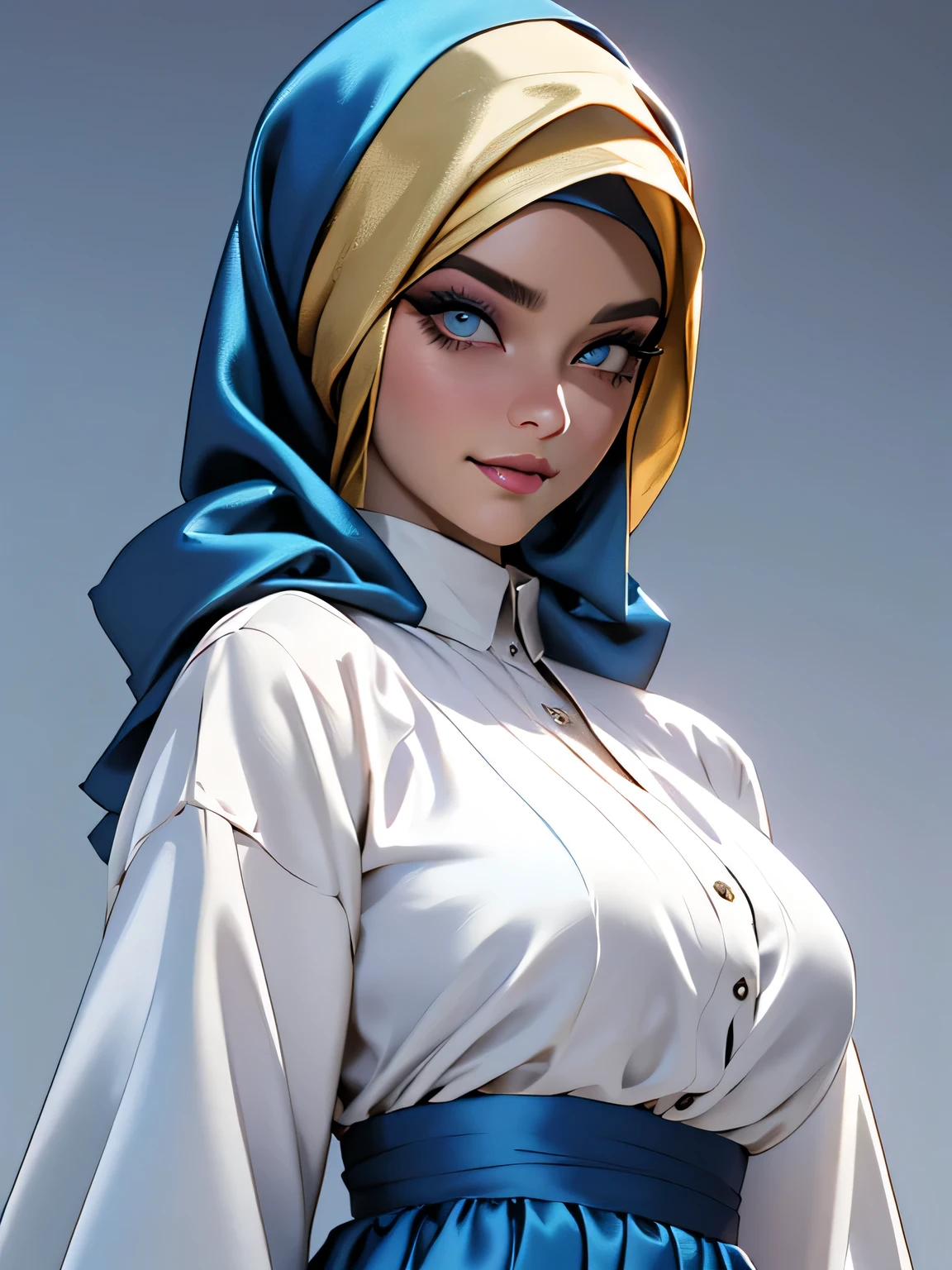 3dmm style, (Masterpiece), realistic, best quality, best lighting, extremely detailed artgerm style, art by artgerm style, beautiful mature woman, 1 girl photo solo, beautifully makeup, eyeshadow, Parted Lips, Detailed Eyes, ((beautiful big eyes)), long eye lashes, dimples on the cheeks, smile, wearing silk turban hijab, ((Dark blue satin hijab)), loosely tide hijab style, shining silk, satin, blue satin, ((Blue satin shirt and satin long skirt)), (Close-up portrait), Front view, Standing Symmetric Centre, facing the viewer, gray background.