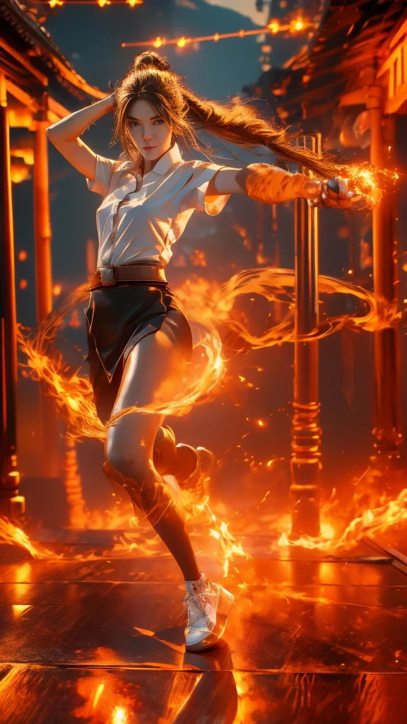 (Fire element:1.2), Knee shot, 18s woman in thai university uniform, long straight fire hair, white short-sleeve shirt, black tight mini skirt, brown belt, white sneakers, masterpiece:1.2, high detail, realistic, cinematic scene, fire goddess, slim and perfect figure, perfect body proportions, 16k, portrait photo, dynamic dancing pose, dynamic compositions, orang-aura, using orang-magic, orang-magic, dancing, fire, outdoor background