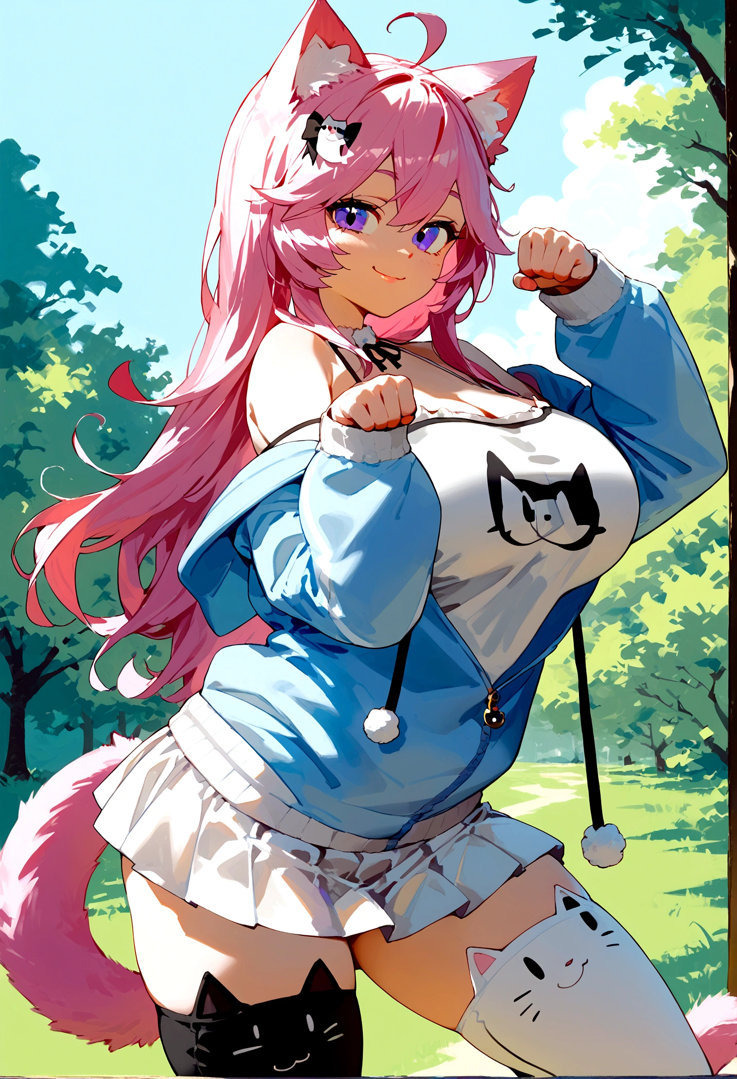 score_9, score_8_up, score_7_up, score_6_up,score_5_up,score_4_up, BREAK ,big breasts, 1girl, solo, NyannersBase, long hair, cat ears, cat tail, hoodie, long sleeves, camisole, cat print, white skirt, cat ear legwear, asymmetrical legwear, paw pose, smile, outdoors,