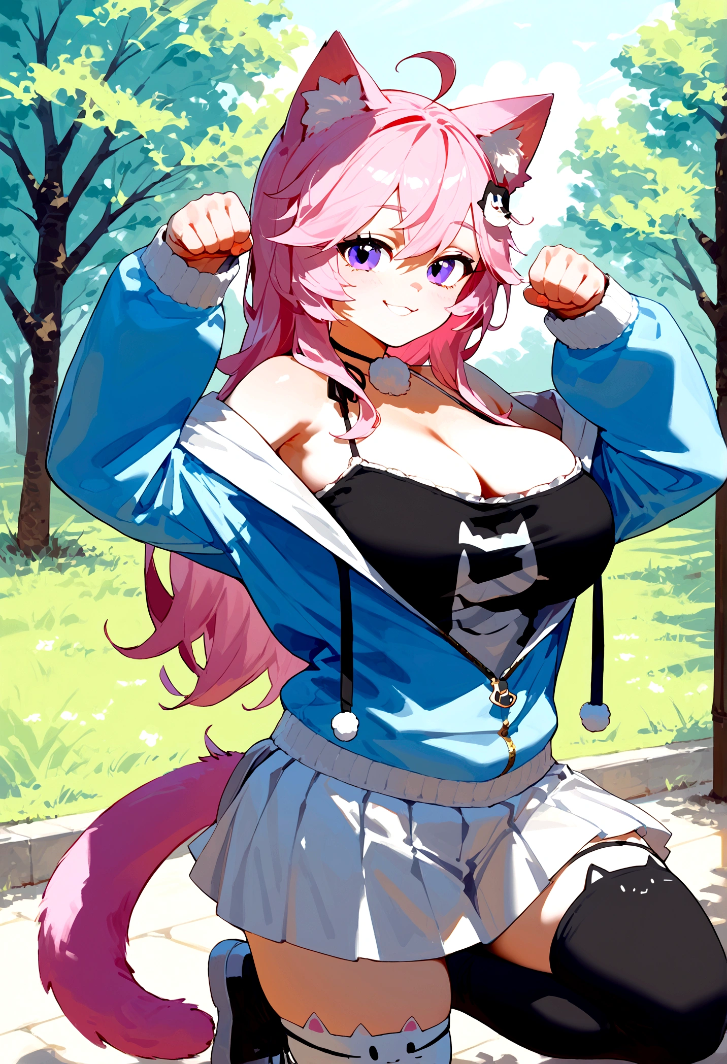 score_9, score_8_up, score_7_up, score_6_up,score_5_up,score_4_up, BREAK ,big breasts, 1girl, solo, NyannersBase, long hair, cat ears, cat tail, hoodie, long sleeves, camisole, cat print, white skirt, cat ear legwear, asymmetrical legwear, paw pose, smile, outdoors,