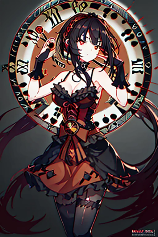 kurumitokisaki, tokisaki kurumi, (Clock Eye:1.5), Black Hair, Long Hair, Twin tails, (Hair on one eye:1.3), (Red eyes:1.5), (Large Breasts:1.4), A proud smile, Gothic, pantyhose, black pantyhose, (Cowboy Shot:1.5),(masterpiece:1.2), Highest quality, High resolution, unity 8k wallpaper, (figure:0.8), (Beautiful attention to detail:1.6), Highly detailed face, Perfect lighting, Highly detailed CG, (Perfect hands, Perfect Anatomy), cute
