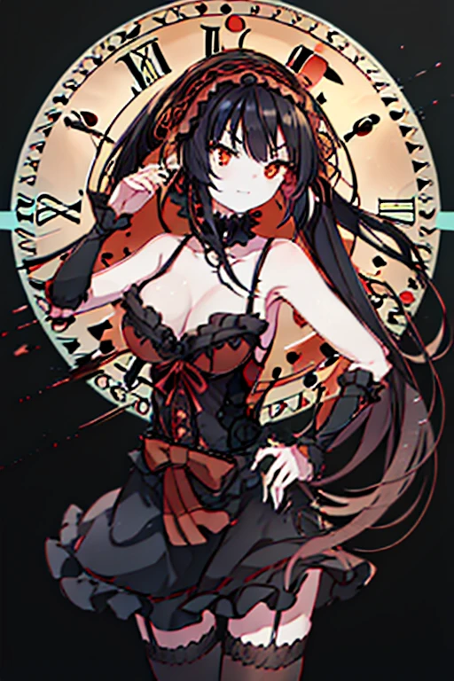 kurumitokisaki, tokisaki kurumi, (Clock Eye:1.5), Black Hair, Long Hair, Twin tails, (Hair on one eye:1.3), (Red eyes:1.5), (Large Breasts:1.4), A proud smile, Gothic, pantyhose, black pantyhose, (Cowboy Shot:1.5),(masterpiece:1.2), Highest quality, High resolution, unity 8k wallpaper, (figure:0.8), (Beautiful attention to detail:1.6), Highly detailed face, Perfect lighting, Highly detailed CG, (Perfect hands, Perfect Anatomy), cute