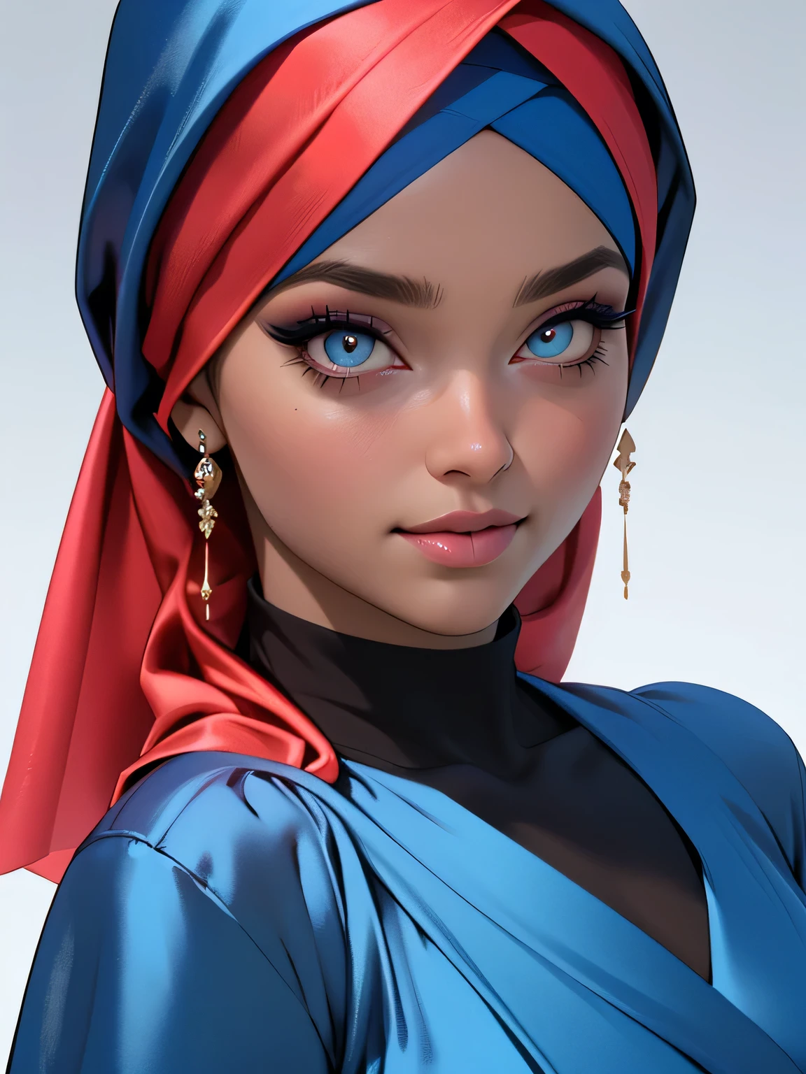 3dmm style, (Masterpiece), realistic, best quality, best lighting, extremely detailed artgerm style, art by artgerm style, beautiful mature woman, 1 girl photo solo, beautifully makeup, eyeshadow, Parted Lips, Detailed Eyes, ((beautiful big eyes)), long eye lashes, dimples on the cheeks, smile, wearing silk turban hijab, ((Dark blue satin hijab)), loosely tide hijab style, shining silk, satin, blue satin, ((Blue satin shirt and satin long skirt)), (Close-up portrait), Front view, Standing Symmetric Centre, facing the viewer, gray background.