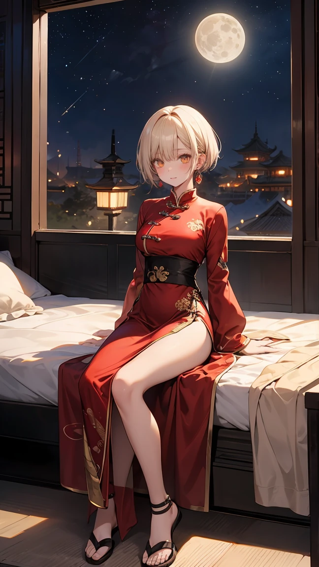 A female empress, with yellow eyes, white militar short hair, with a young face. slim muscular body, but well proportioned. Traditional Chinese imperial clothing dress decorated in gold with black details, red hanafuda earrings, red skirt, black string sandal. Sitting meditating on a bed in an ancient Chinese room, with the moon and stars in the window in the background and with flashes of light reflecting on your body. High definition.Sexy anime in 4K, full-body photos, sensual poses,hot body