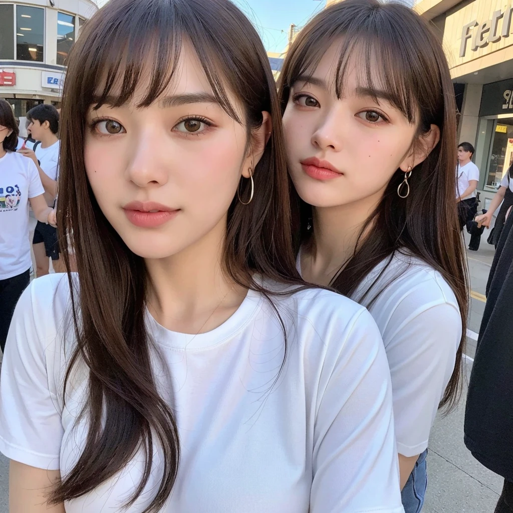 (8k, RAW photos, top quality, masterpiece: 1.2), ultra detailed, super resolution, (real, real photos: 1.37), portraits, high definition RAW color photos, professional photos, very detailed and beautiful, highly detailed, 8k wallpapers, amazing details, huge file size, official art, highly detailed CG Unity 8k wallpapers, highly detailed beautiful girls, highly detailed facesHighly detailed eyes, highly detailed skin, highly detailed fingers, Highly detailed nose, Highly detailed mouth, Perfect anatomy, Highly detailed background, Highly detailed clothing, One Girl, (18:1.2), teen, cute girl, famous Japan idol, cute, realistic body, , white skin, glowing skin, slim body, handsome body, brown hair, medium hair, (blunt bangs:1.2), smile, cute, youthful, pretty face, realistic face, delicate eyes, sagging eyes, white t-shirt, skirt, earrings, camera gaze, cowboy shot, front-facing, standing, contrapost, high street, public, crowd, dynamic lighting, very big breasts,
