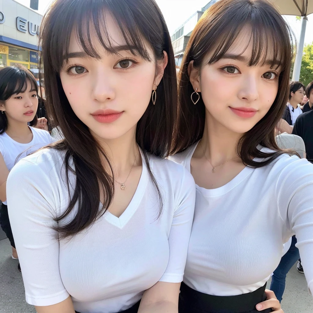 (8k, RAW photos, top quality, masterpiece: 1.2), ultra detailed, super resolution, (real, real photos: 1.37), portraits, high definition RAW color photos, professional photos, very detailed and beautiful, highly detailed, 8k wallpapers, amazing details, huge file size, official art, highly detailed CG Unity 8k wallpapers, highly detailed beautiful girls, highly detailed facesHighly detailed eyes, highly detailed skin, highly detailed fingers, Highly detailed nose, Highly detailed mouth, Perfect anatomy, Highly detailed background, Highly detailed clothing, One Girl, (18:1.2), , cute girl, famous Japan idol, cute, realistic body, , white skin, glowing skin, slim body, handsome body, brown hair, medium hair, (blunt bangs:1.2), smile, cute, youthful, pretty face, realistic face, delicate eyes, sagging eyes, white t-shirt, skirt, earrings, camera gaze, cowboy shot, front-facing, standing, contrapost, high street, public, crowd, dynamic lighting, very big breasts,