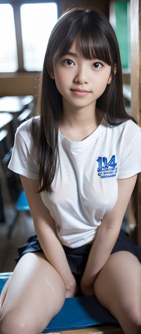 (masterpiece, Highest quality:1.2), 8K, Young and beautiful girl, 85mm,Official AR RAW Photos, (Baby Face), ((Small face)), ((Big Breasts))、((Show me your boobs)), Detailed nipples, Show me your ears、photo shoot, Cute face, Thighs, Classroom after school, Looking at the audience, Embarrassing、smile、 makeup, Film Grain, chromatic aberration, Sharp focus, Face Light, Bright lighting, 10 generations, Detailed face, Background blur、((((((14 year old high school girl))))))、Narrow waist、((T-Shirts)),,White tiny panties、Wet、Spread your legs