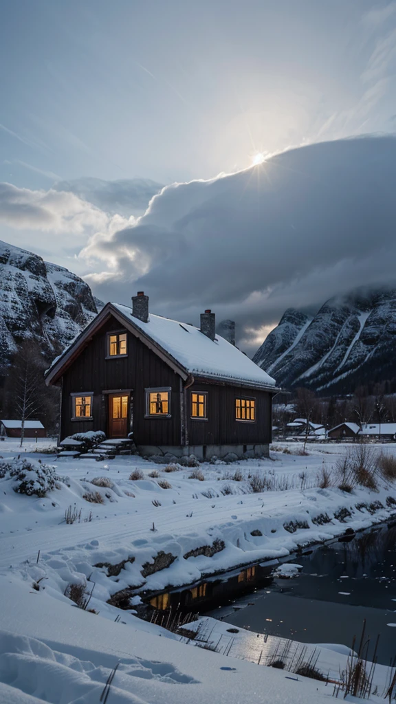 Old house in Norway, Snowy Landscape, in the evening 