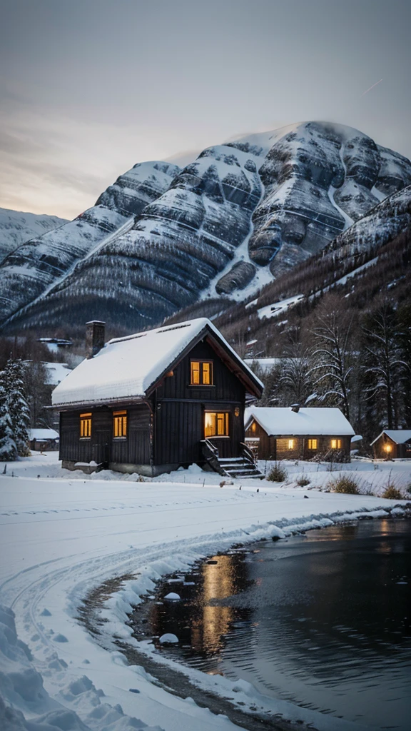 Old house in Norway, Snowy Landscape, in the evening