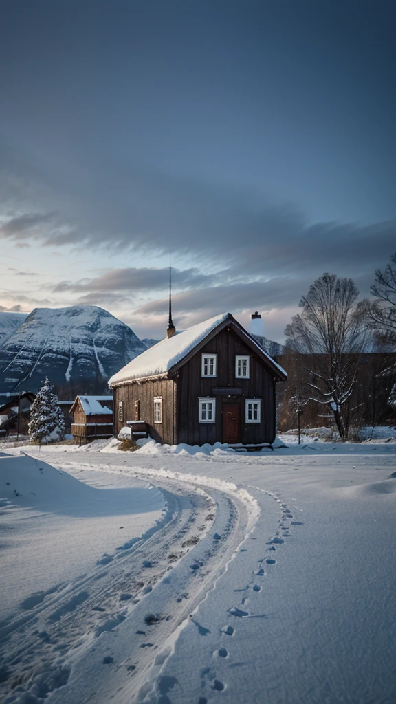 Old house in Norway, Snowy Landscape, in the evening