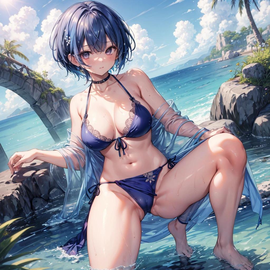 ((Highest quality)), ((masterpiece)), ((detailed)), (4K), 1girl, 独奏, pixie cut, indigo blue hair, sarong, (side-tie bikini bottom), large breasts, squatting, open legs, (from below), looking down, looking at viewer, (wet)