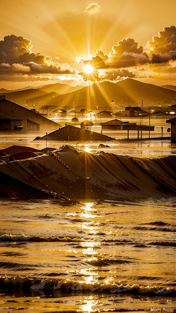 Image of the sun rising in the morning flooding all of Venezuela with its golden light like gold dust, The atmosphere will have a happy vibe and in the background you can see a thick chain bursting