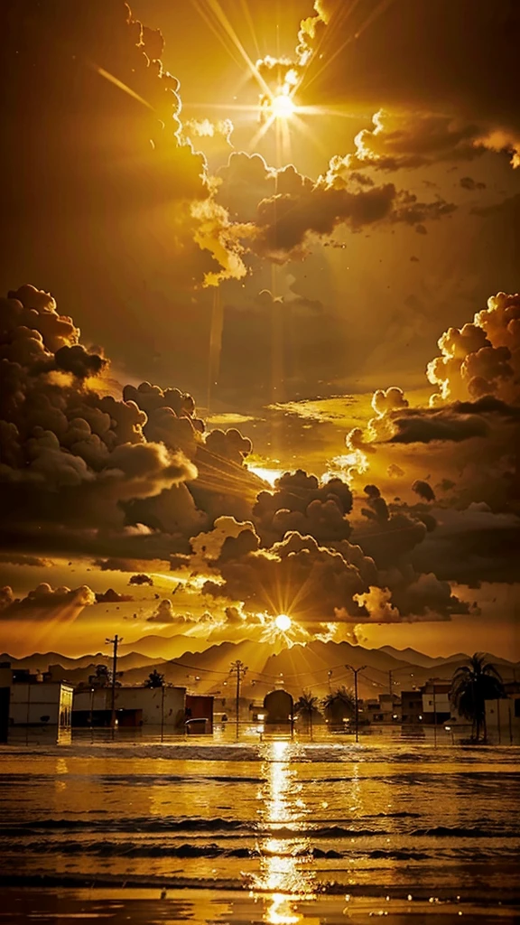 Image of the sun rising in the morning flooding all of Venezuela with its golden light like gold dust, The atmosphere will have a happy vibe and in the background you can see a thick chain bursting