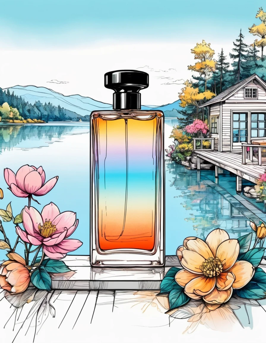 ink sketch outline, drawing, cartoon, ill[perfume、Fragrance,Simple hand-drawn illustration]　HP material、Size is square installation, minimal, vibrant powder colors lakehouse scene, 8K, extremely detailed, Radiant,