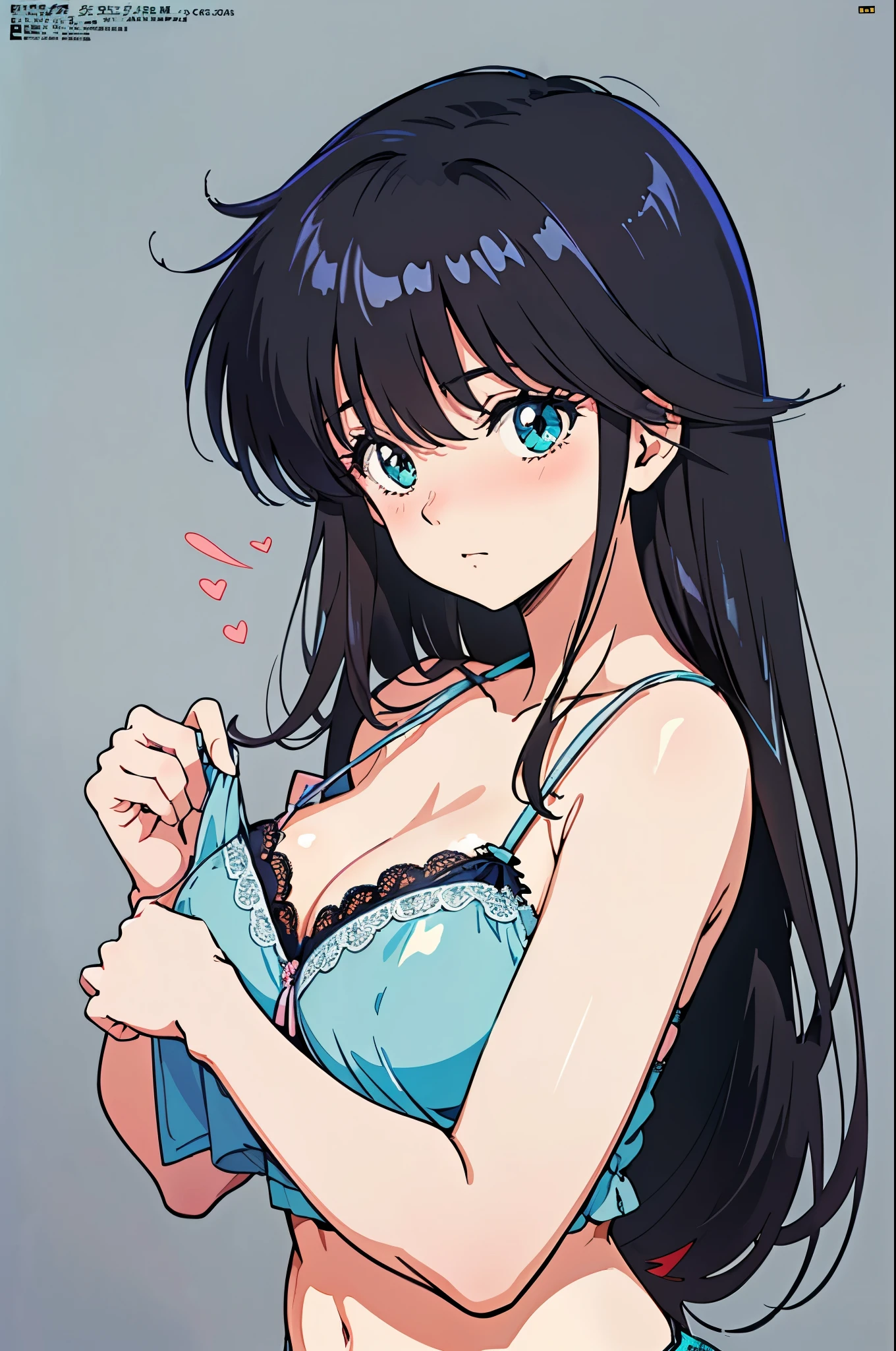 (masutepiece, Best Quality, High resolution:1.5, anime colours, megami magazine:1.2, anime poster style, anime keyvisual, sharp, 8k, photorealistic), (beautiful detailed eyes:1.5, beautiful detailed face:1.2), madoka ayukawa, 1girl, blush, (black hair, Long Hair), (sagging huge breasts), cleavage, (lingerie), upper body, (Perfect detailed Anatomy, beautiful detailed hair, beautiful detailed body:1.2, shiny skin), (thick outline, Beautiful outlines, black outlines), simple background