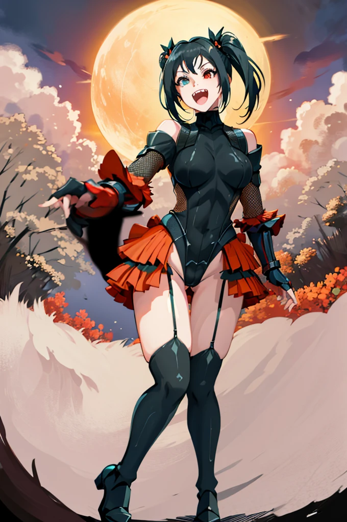 ,Huge ,Gothic Lolita,Garter Straps,Laughing with your mouth open,teeth,vampire,Halloween,Orange Hair,hair ornaments,Heterochromia iridis,Best image quality,Highest quality
