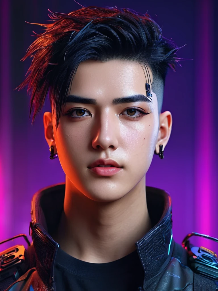 Change background cyberpunk handsome boy, realistic face, 8k, ultra realistic