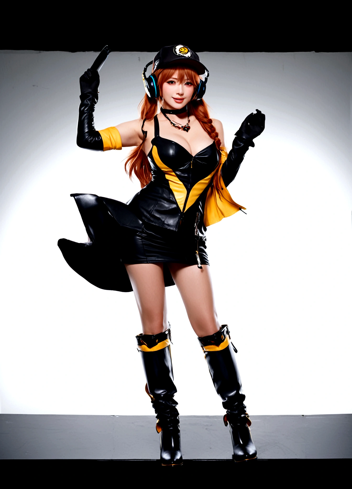 1girl, solo, long hair, breasts, looking at viewer, smile, open mouth, bangs, simple background, red eyes, gloves, hat, dress, cleavage, bare shoulders, medium breasts, standing, full body, :d, boots, choker, elbow gloves, black footwear, orange hair, high heels, tattoo, headphones, short dress, standing on one leg, knee boots, outstretched arm, black background, baseball cap, high heel boots, headset, yellow gloves
