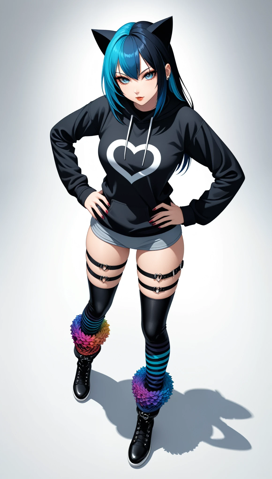 in style of Gabriel Dawe,
1 goth girl,fullbody ,stand,long straight black hair,gray sweatshirt,heart ring thigh_strap,oversize leg warmers,(hands_on_hips:1.5),(dynamic action,wide angle,from_above:1.6),white background,dynamic action,blue colored inner hair,cat's paw cutout