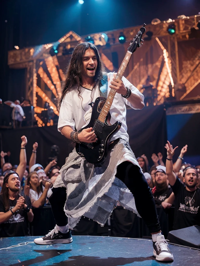 A long-haired male guitarist wearing a black Muslim peci, a white Muslim cocoa shirt, sarongs and sneakers, complete with a metal style accessory bracelet while freestyle playing the guitar towards the audience, the background of the magnificent liveshow stage with decorations and lighting typical of a metal band concert. Cheerful faces greet the audience