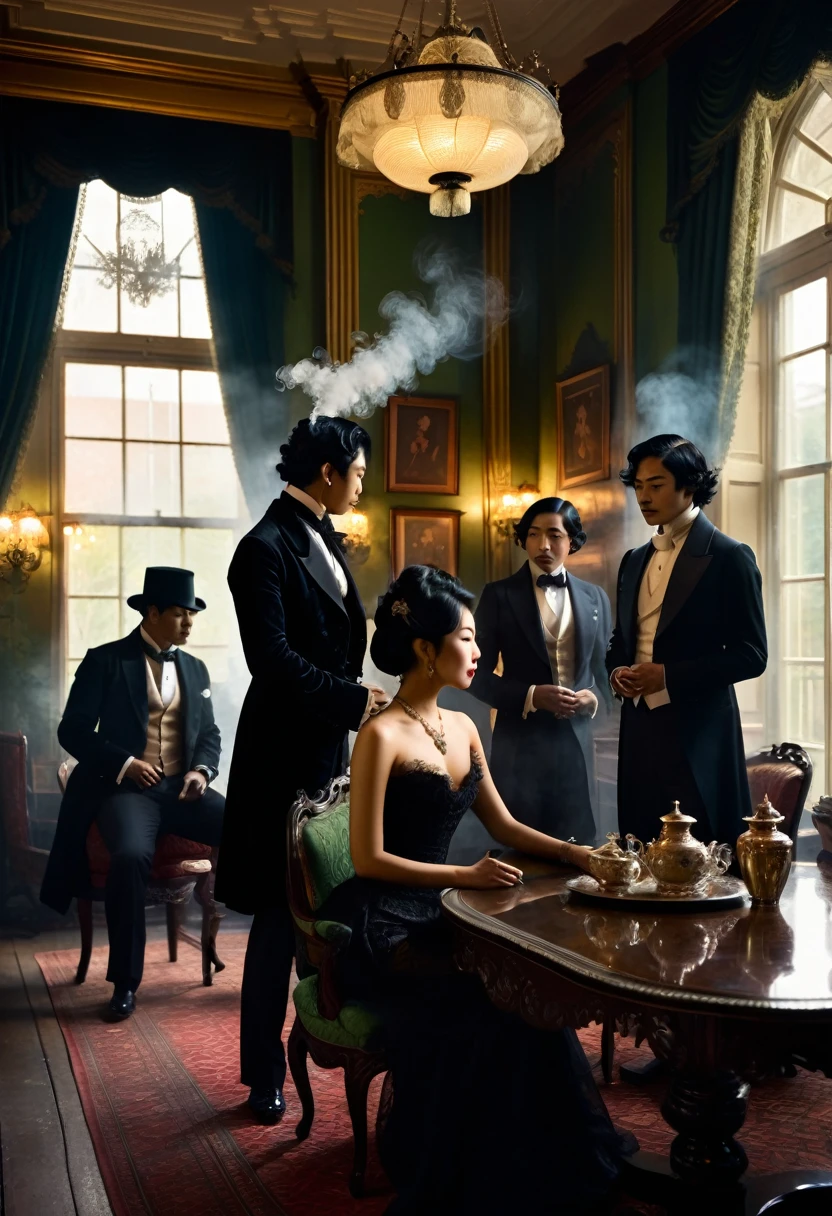 A group of gentlemen in silloette with their backs to the viewer watching woman on a table. (the woman is half-asian, asian-european, with black wavy hair). The anonymous gentlemen are smoking, layers of smoke are visible in the dimly lit victorian parlour. The victorian parlour is lavishly decorated with sumptuous furnishings like a royal manor.  