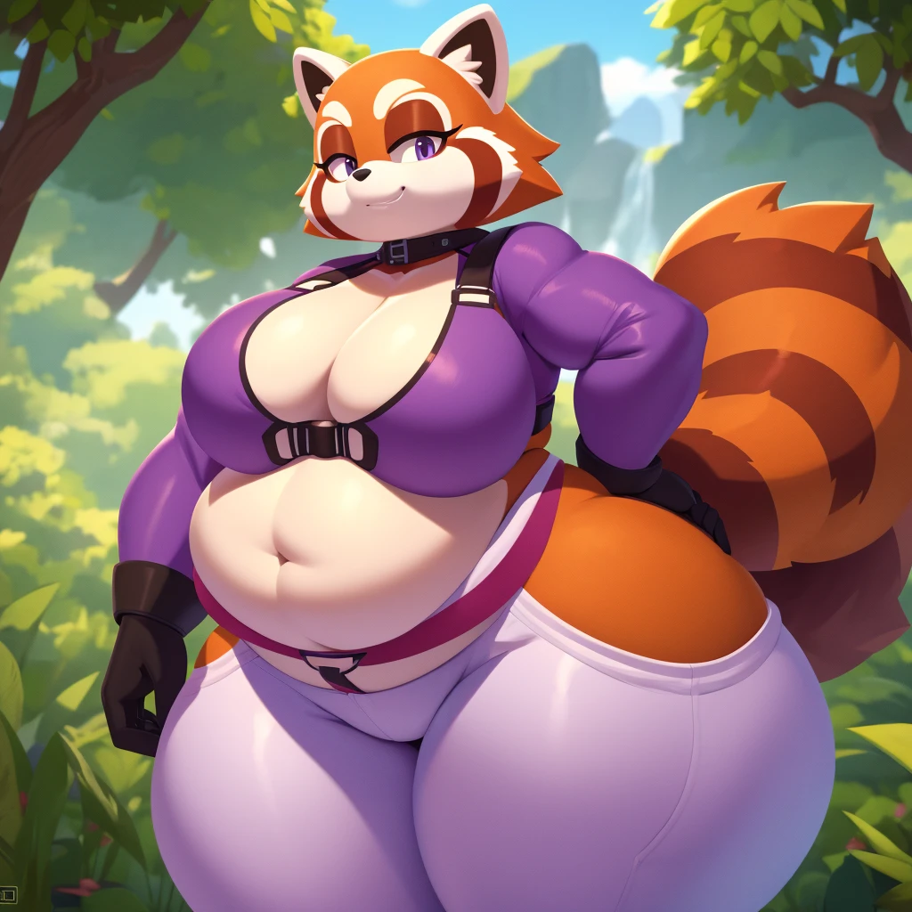 Mobian, red panda, female,huge , white pants, purple shirt, chest straps ,huge , huge ass, thicc, fat, high detail, masterpiece, UHD, anatomically correct, super detail, highres, 4K