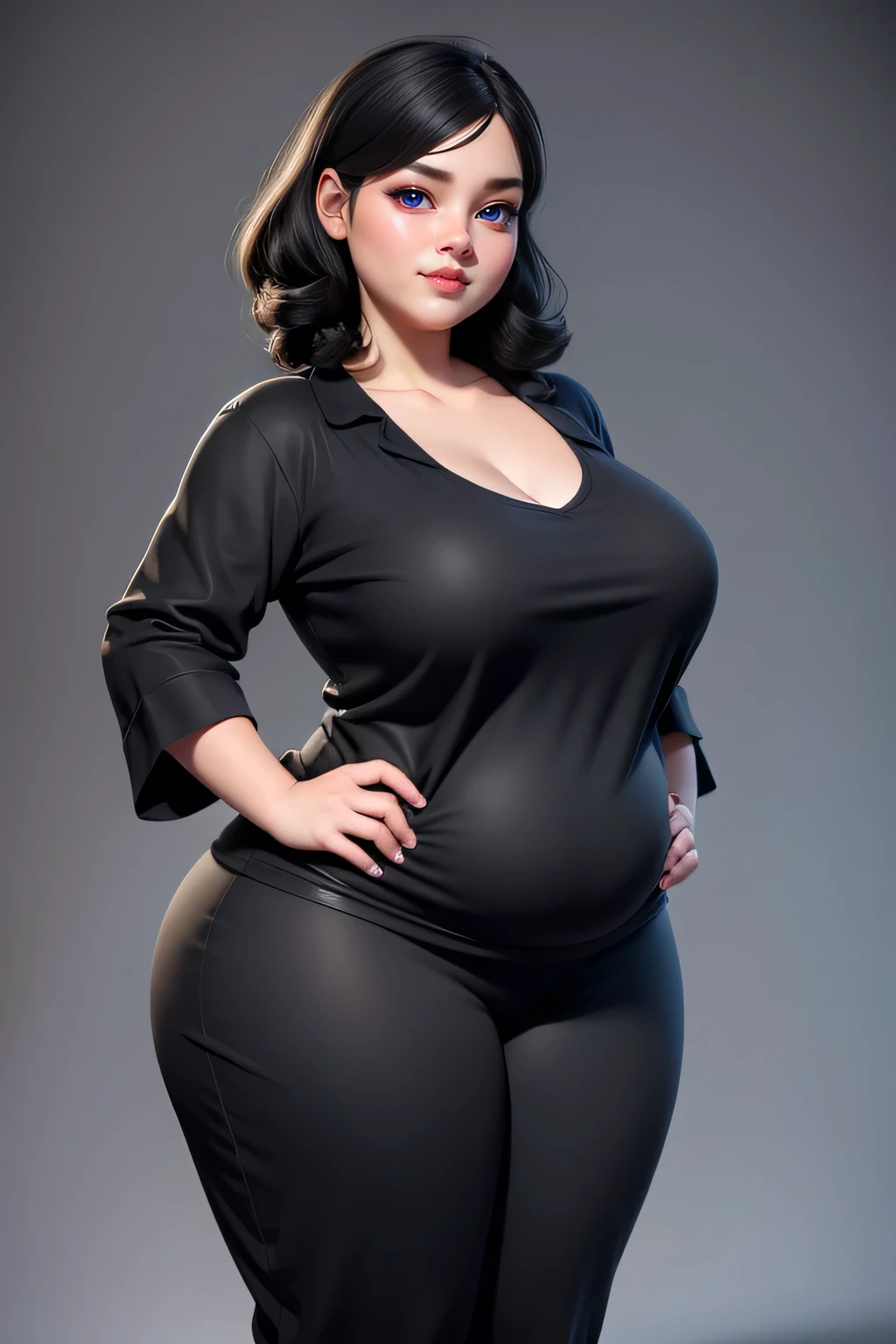 A hyper realistic carricature ,photorealism,of a fat woman 25 yo.with random black hair style,standing.wearing sexy black pijama ,light smile, high detail,3d render,high definition