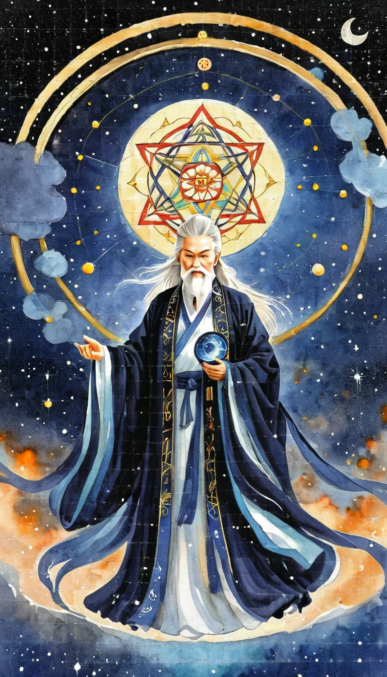 Oriental Fortune Teller，The old immortal on the top of the stars，Elders，White beard and long white eyebrows，（Wear an official hat，Kongming Hat），Black loose hanfu robe，Looking at the stars，Galaxy Tai Chi Bagua Diagram，artistic conception，large quantities of，Runes，Luminescence，Dream
