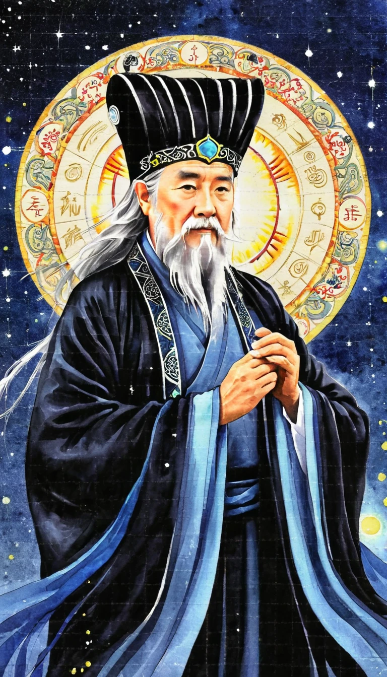 Oriental Fortune Teller，The old immortal on the top of the stars，Elders，White beard and long white eyebrows，（Wear an official hat，Kongming Hat），Black loose hanfu robe，Looking at the stars，Galaxy Tai Chi Bagua Diagram，artistic conception，large quantities of，Runes，Luminescence，Dream
