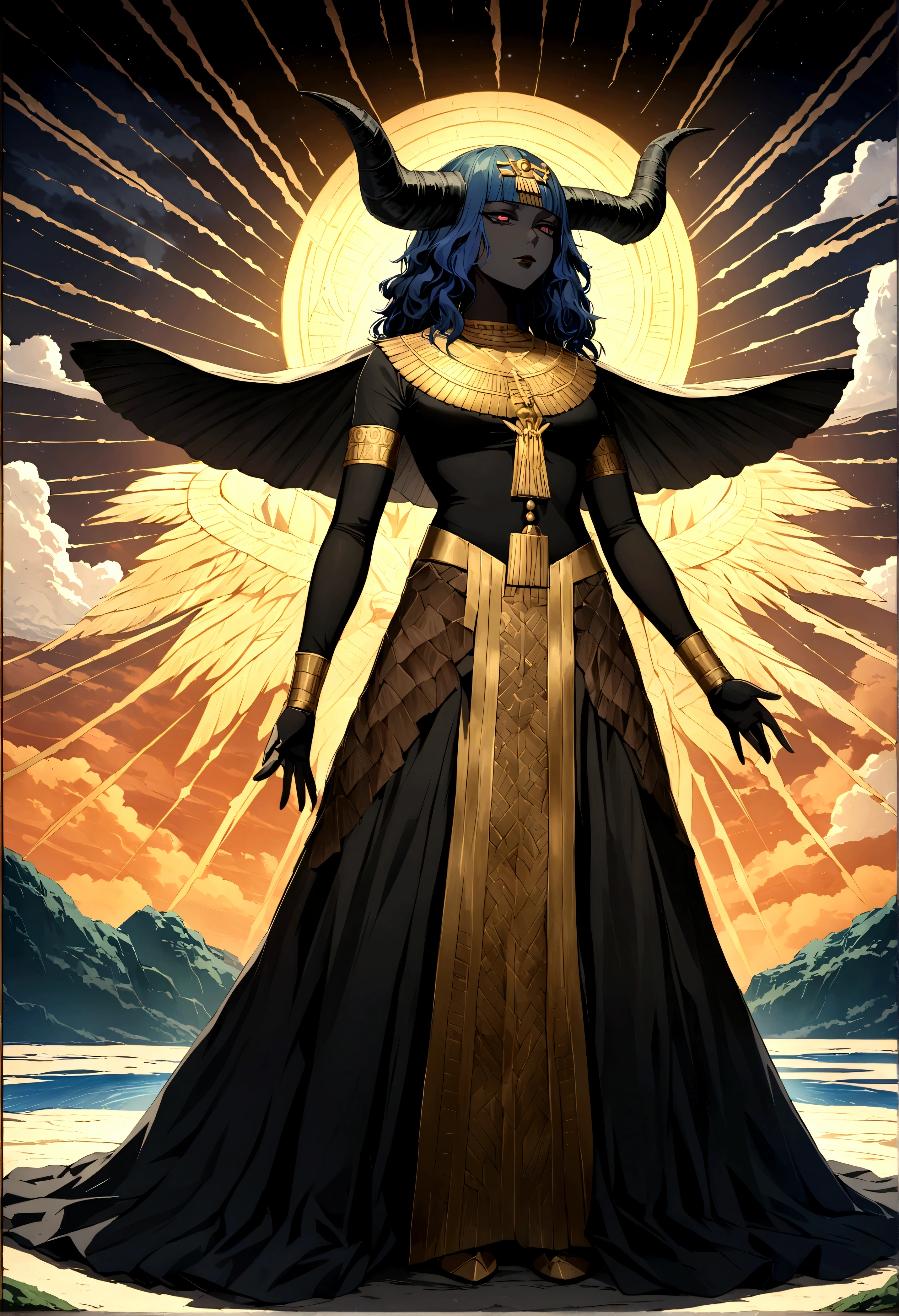 (((ANU))) best quality, ultra-high resolution, 4K detailed CG, masterpiece, Sumerian God,horn,clouds, Sumerian clothing, Sumerian mythology, ((God of the Sky)), Sumerian image, aesthetic , centered on screen, standing pose, full body