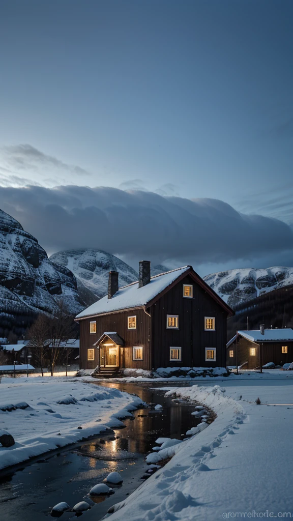 Old house in Norway, Snowy Landscape, in the evening, it's snowing