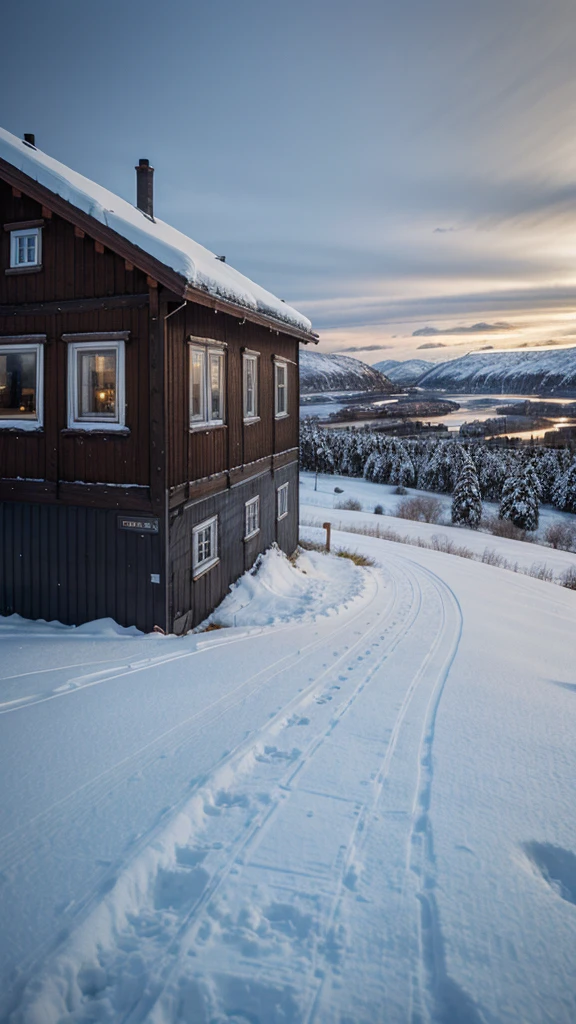 Old house in Norway, Snowy Landscape, in the evening, it's snowing