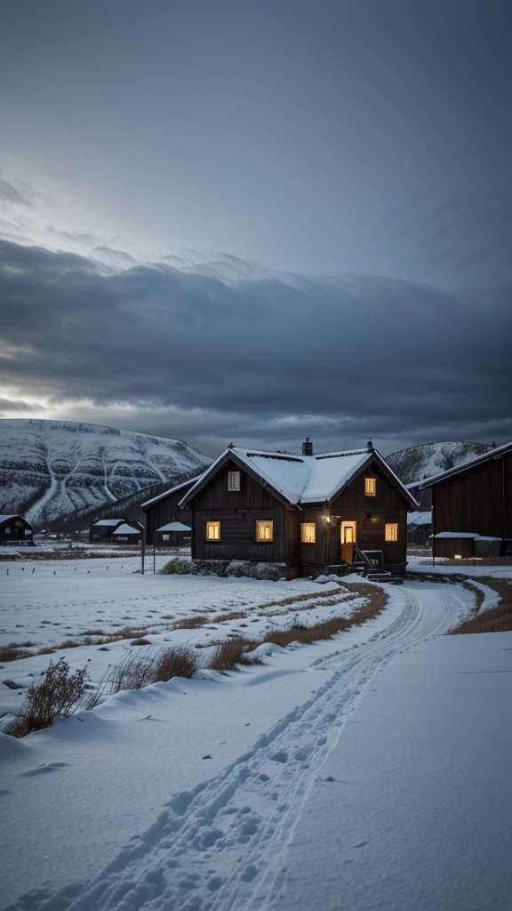 Old house in Norway, Snowy Landscape, in the evening, it&#39;s snowing 