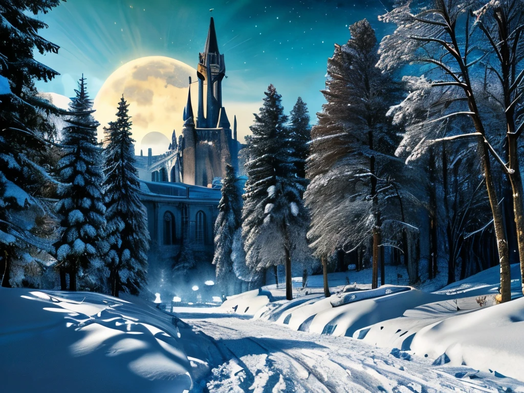 (masterpiece, illustration, Best quality, detailed,A high resolution:1.4), On distance, Colorful, bright, lush, volumetric lighting, contrast, From afar, depth of field, landscape, landscape, conceptual art, complex small parts, stylized, cloudy sky, Moonlight night, starry sky, fantasy, city of the ancient kingdom [Colosseum,sacred, basilica] landscape, snow, waterfall,  flowering trees grass flowers, Rocky Mountains and forest snow in the background,  (fantasy magic:1.4)
