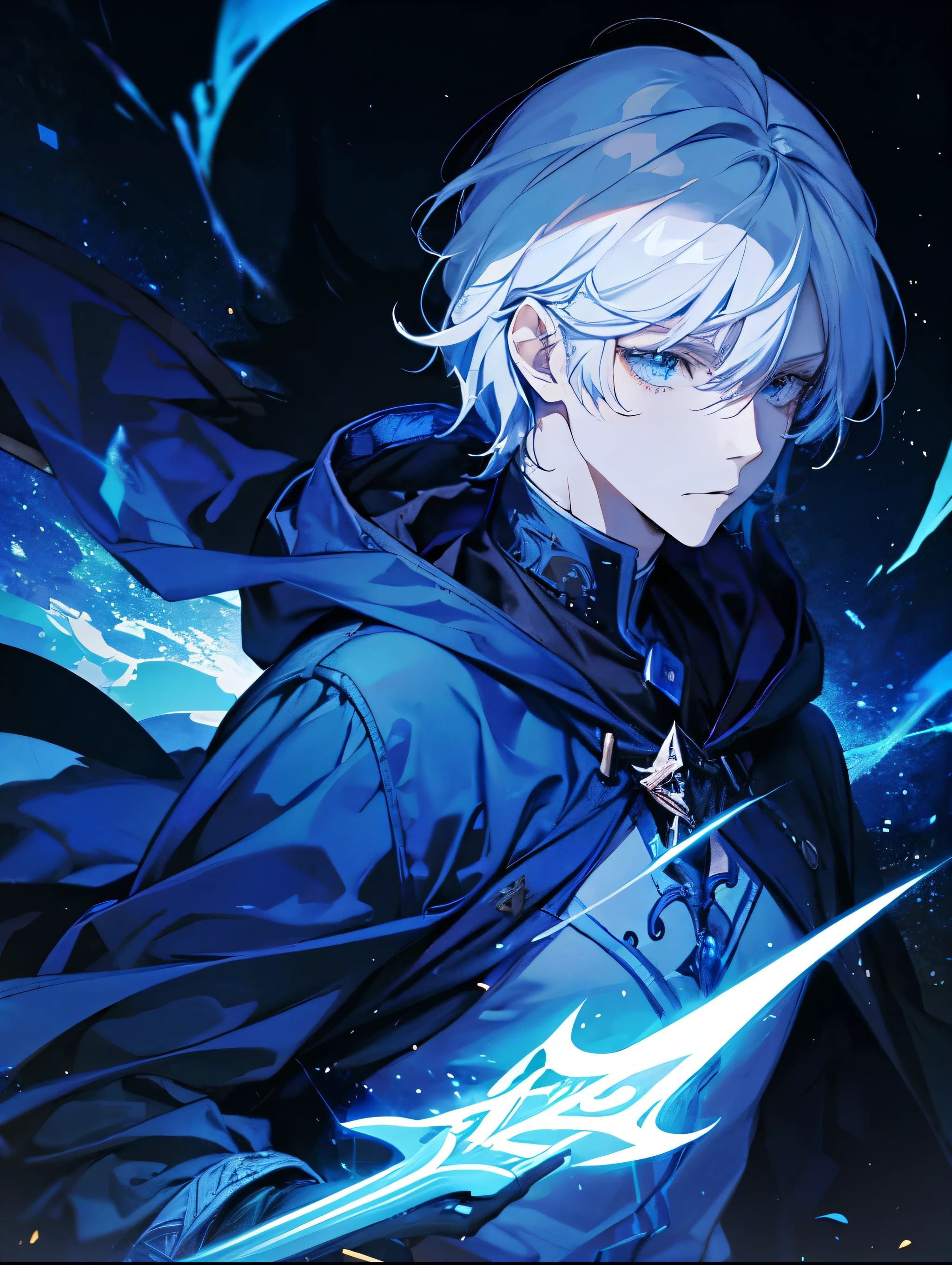Wizard man, he has a light hair and blue eyes, he has a dog person type , he wear a hood and he fight for change the world.