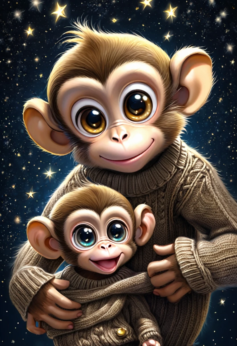 a cute monkey wearing a knitted sweater, dancing under the starlight, with a cute baby face, big eyes, on a dark background with twinkling stars, a gleeful expression, high resolution, hyper realistic, high definition, in the style of photo realism
