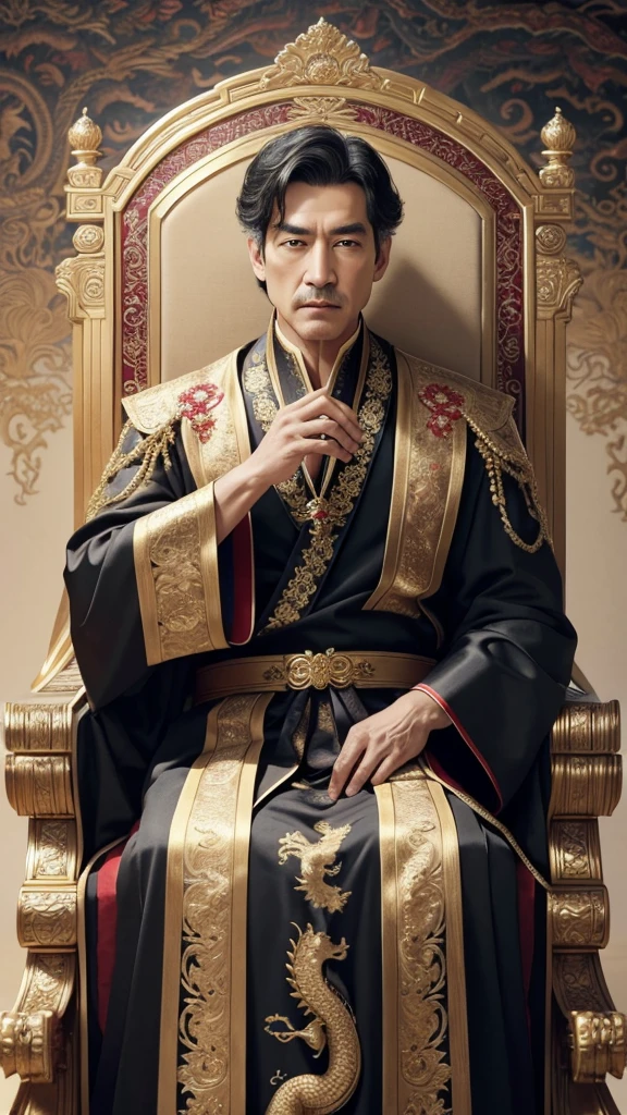 (Perfect detail: 1.5, 8k wallpaper, masterpiece, Highest quality, Super detailed)58-year-old man, Emperor, Delicate facial features, Asian Face, Short black hair, Thin Hair, Tied Hair, Golden silk embroidered dragon robe, Hanfu, Sitting on a dragon chair, Hand on chin, thinking deeply、 Palace Background, ancient golden Emperor crown