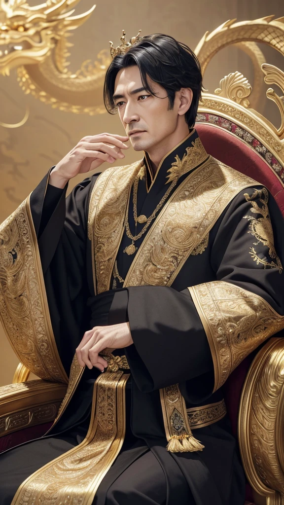 (Perfect detail: 1.5, 8k wallpaper, masterpiece, Highest quality, Super detailed)58-year-old man, Emperor, Delicate facial features, Asian Face, Short black hair, Thin Hair, Tied Hair, Golden silk embroidered dragon robe, Hanfu, Sitting on a dragon chair, Hand on chin, thinking deeply、 Palace Background, ancient golden Emperor crown