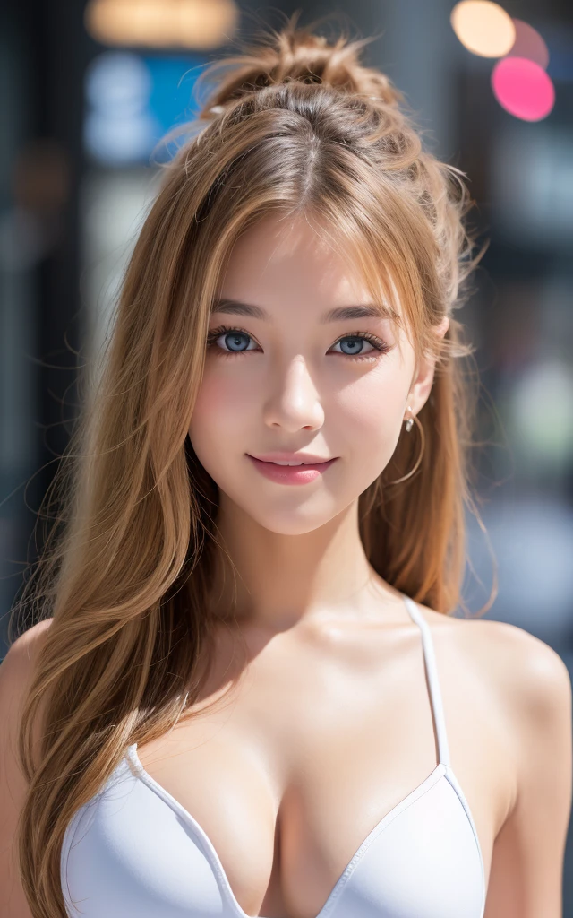girl, smile, white bodysuit, blonde, blue eyes, Hyper Realistic