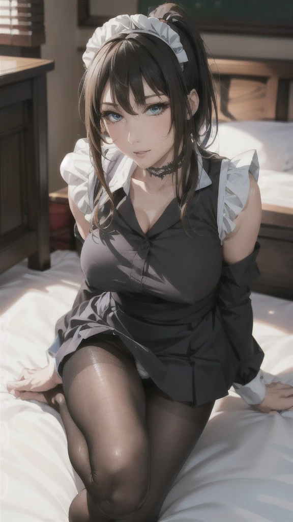 ((Correct Anatomy)),(Female student),((Maid)),((Maid服)),((White lace panties)),(Mini Pleated Skirt),(((Black Pantyhose))),Ultra-high resolution,Mature Woman, Mature Woman, Very detailed,Sunburned skin,Brown Skin,((Beautiful feet)),(Big Breasts),((Beautiful legs)),Perfect hands, Detailed fingers, Beautiful details, ((Long Hair)),((ponytail)),Black Choker, Earrings,loafers,Embarrassing,Perfect Eyes, Captivating eyes,