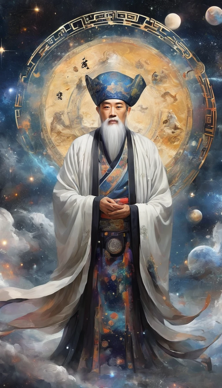Oriental Fortune Teller,The old immortal on the top of the stars,Elders,White beard and long white eyebrows,(Wear an official hat,Kongming Hat),Black loose hanfu robe,Looking at the stars,Galaxy Tai Chi Bagua Diagram,artistic conception,large quantities of,Runes,Luminescence,Dream