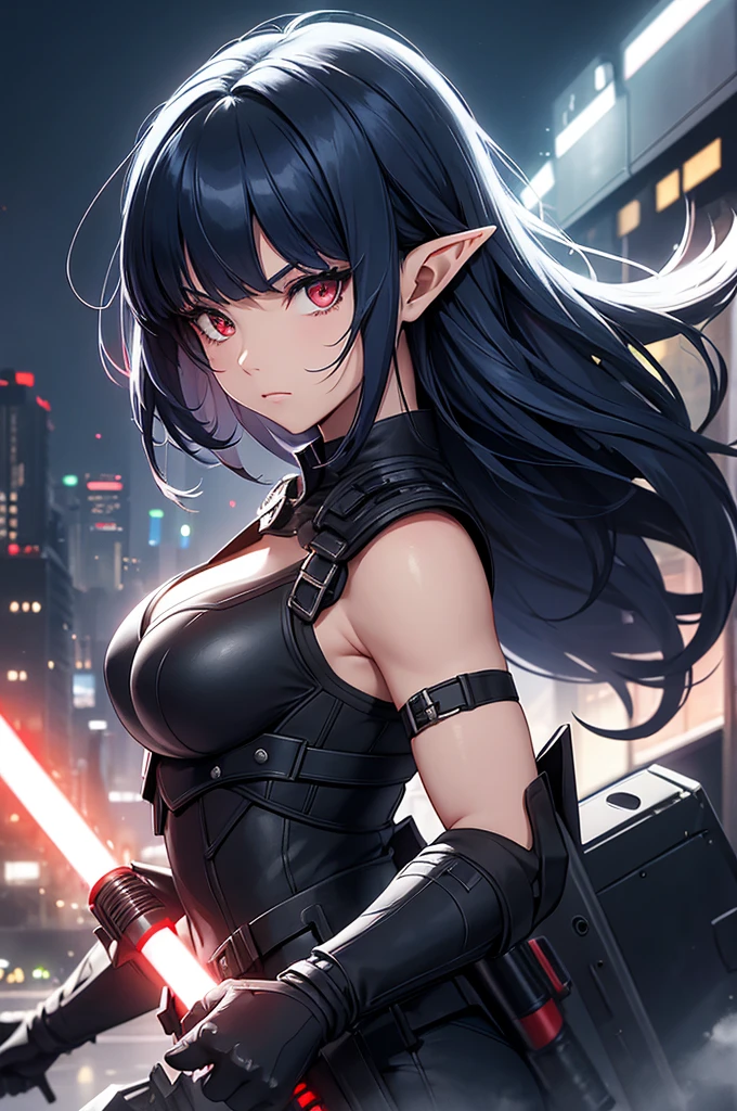 Create a high-quality image featuring an elf girl with dark navy-blue hair and straight bangs, and red eyes. She is a member of a police special forces unit, wearing black and blue body armor. She is in an aggressive pose with an aggressive expression, holding a blue glowing lightsaber. The background depicts a city inside a dome, with a black armored vehicle next to her. Emphasize that she is an elf girl.