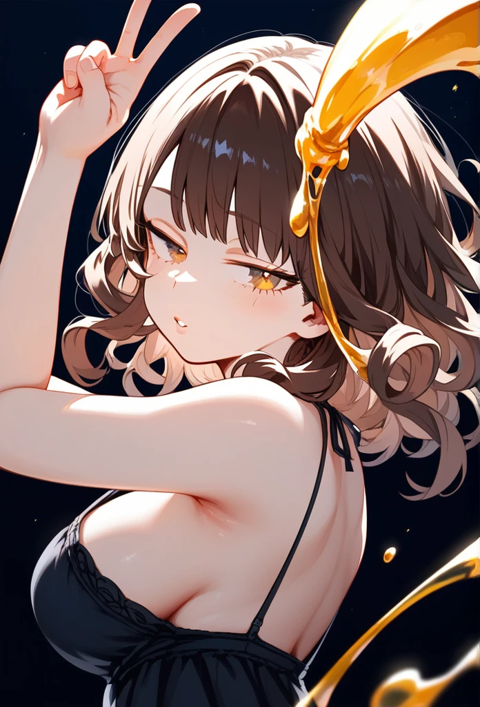 masterpiece, Score_9, Score_8_up, Score_7_up, rear view, 1 woman, alone, brown hair, long curly hair, split bangs, honey eyes, half-closed eyes, parted lips, expressionless, pale skin, large breasts, upper body, Black nightdress with V-neckline, black background, best quality, long and split bangs, boku no Hero academia , with clocks background 
