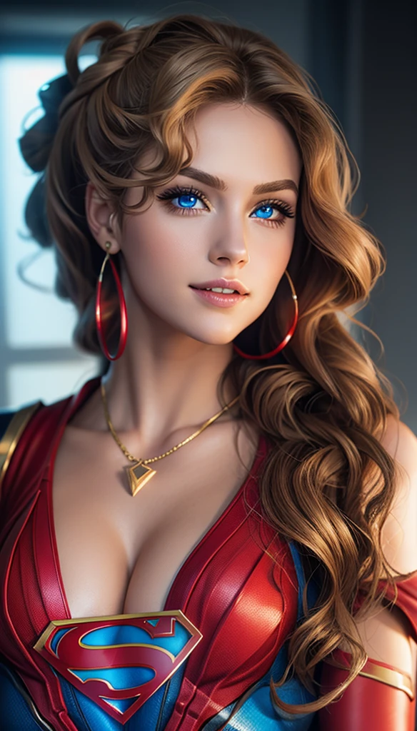 The character Supergirl, perfect blue and red costume with the traditional "S" in the chest, red cape, shiny little blue eyes, extremely beautiful blond hair, beautiful smile , perfect anatomy and extremely beautiful face, hyperrealistic face 