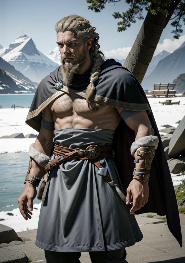 Viking, 1  boy, standing alone, bare chested, stark, male focus, facial hair, Barba, White hair, braid, missiles, jewerly, necklase, trunk, cape, realisitic, manly, missilesduras, nblurry background, plein-air, giorno, blurry masterpiece, best qualityer,
